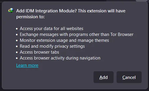 Enable IDM in Tor Browser confirmation