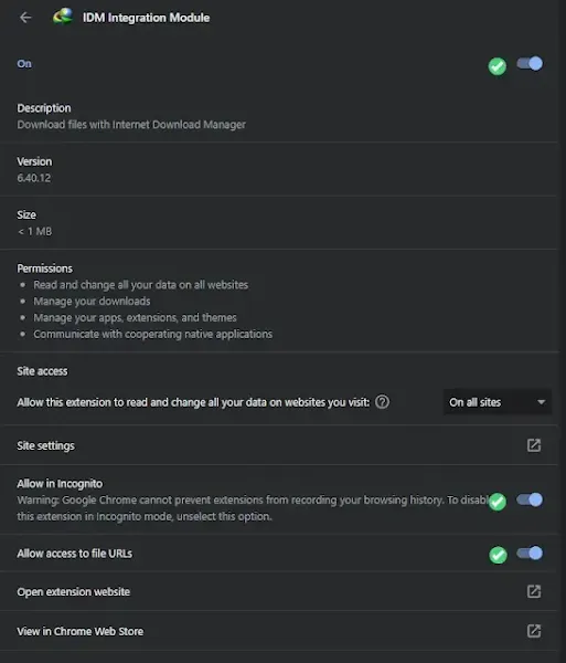 Enable IDM in Chrome Private Mode